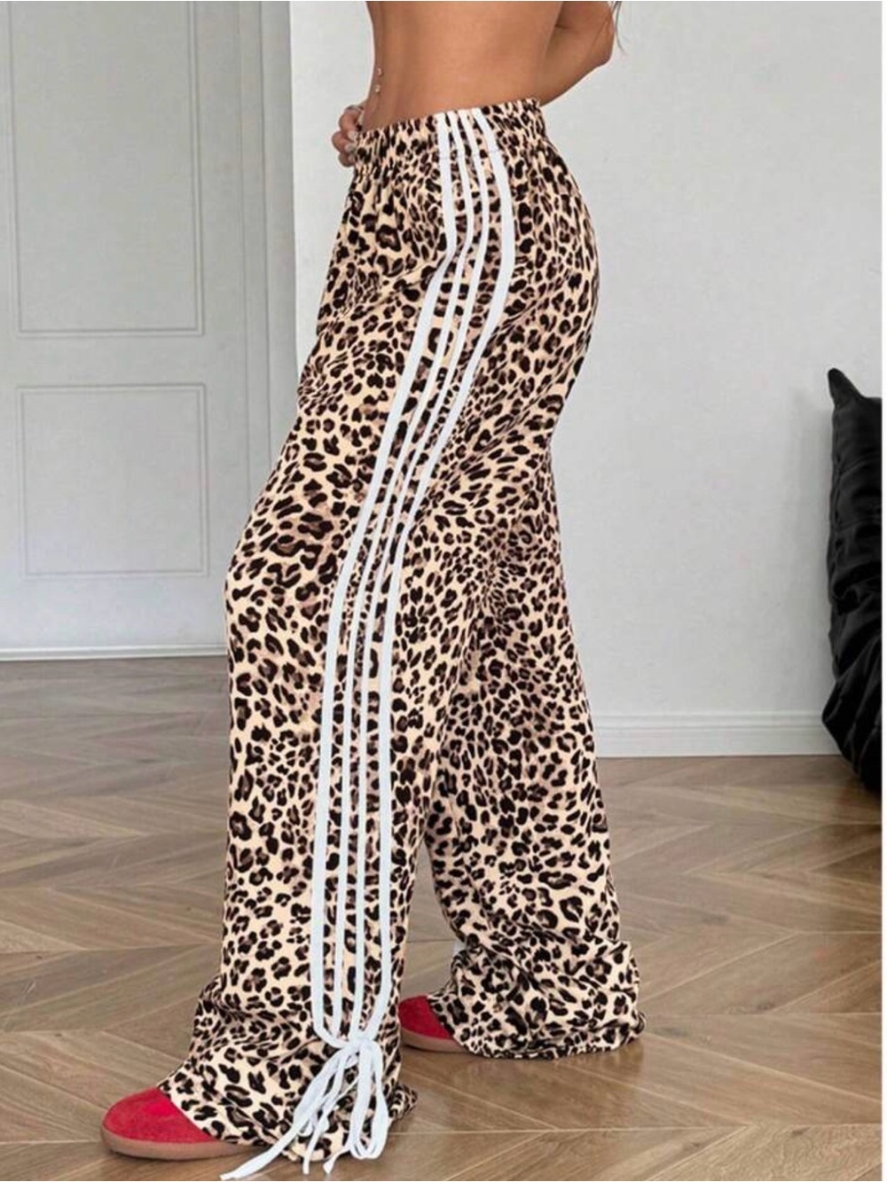 Leopard Print Wide-Leg Track Pants with Side Stripes - Beige/Black - Picture 1 of 5